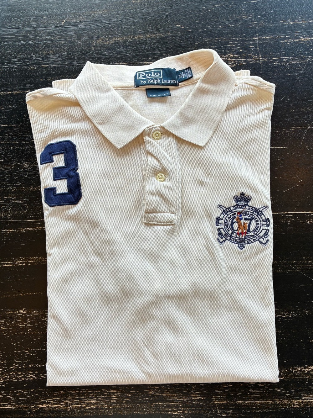 Ralph Lauren Cream Polo with Navy Crest & Sleeve Number size XL